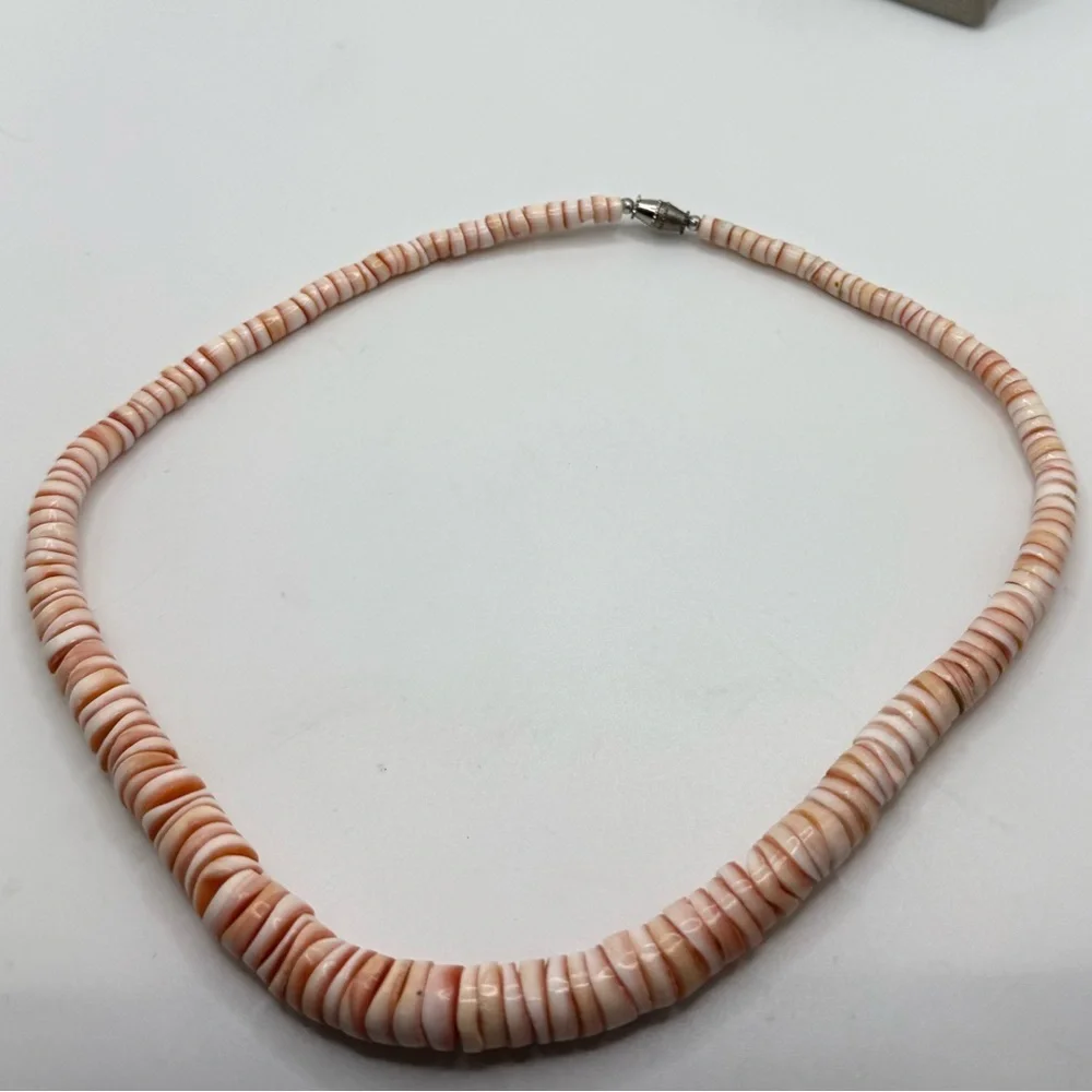 Vintage Pink Shell Heishi Bead Necklace 17” Coastal Boho Statement